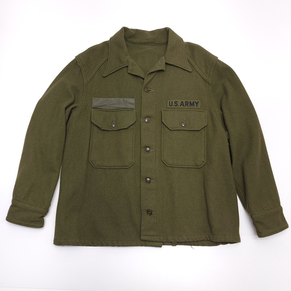 Vintage 1970's Army Green Wool Shirt Heavy Mid Outer Layer‎ Button Men's M Warm